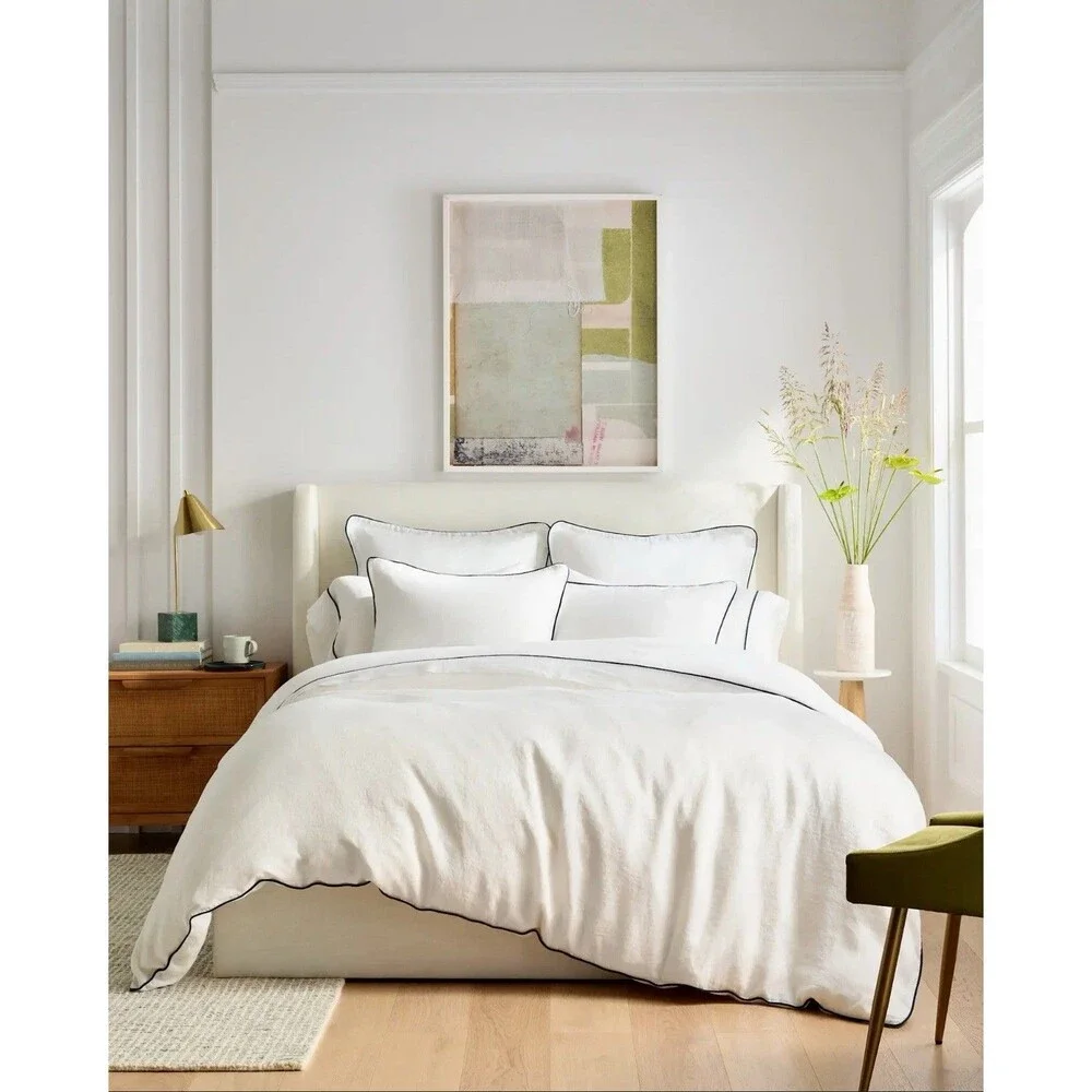Quince European Linen Piped Duvet Cover Set Full Queen White Navy $184 Retail